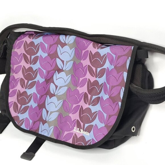 LL Bean Computer Messenger Bag Floral Black Purple Blue - Picture 3 of 9
